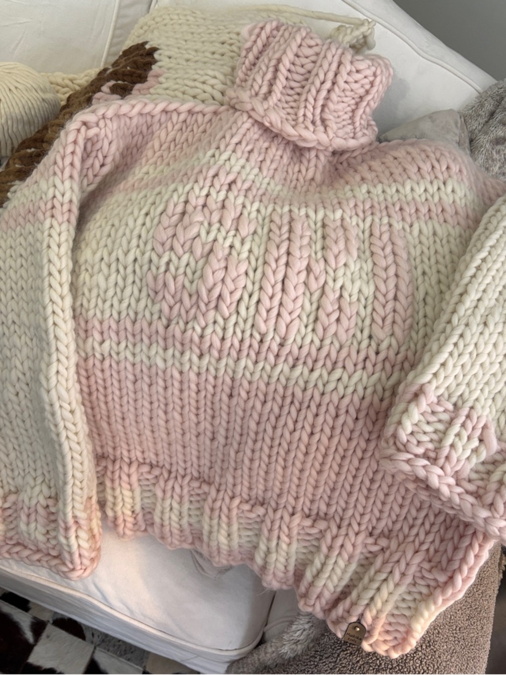 Chunky Hand knit Peruvian Wool Cowl Neck Apres Ski Sweater - Pink & Cream
